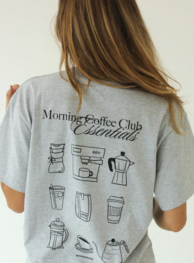 美式早晨喝咖啡coffee意式手冲咖啡摩卡壶插画字母涂鸦小众insT恤