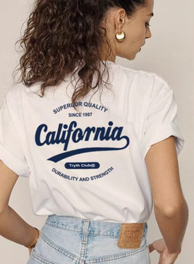 夏款1987年代california加州美式度假海边休闲复古ins街头慵懒T恤
