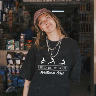 美式 复古vintage女孩瑜伽体操线条小众字母健身运动跑步情侣T恤