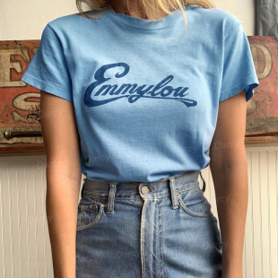美式 乡村歌手字母vintage慵懒松弛感女T恤 复古小众爱美萝Emmylou
