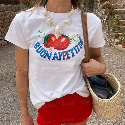 美式复古意大利语草莓手绘风格请享用字母小众纯欲感创意可爱T恤