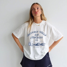 美式复古beverly hills 洛杉矶1966年代字母老钱网球运动春夏T恤