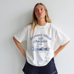 美式复古beverly hills 洛杉矶1966年代字母老钱网球运动春夏T恤