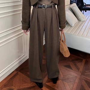 慵懒咖色高腰阔腿裤女欧版大裤腿显瘦垂感保暖加绒加厚直筒西装裤