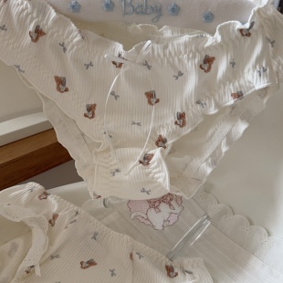 晚安熊仔韩式 女士 温柔少女风简约小熊印花可爱纯棉包臀蕾丝边内裤