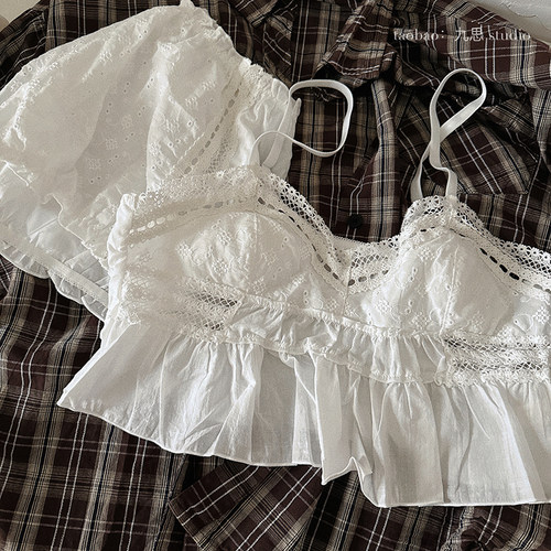 森女棉麻/法式蕾丝复古纯棉布白色吊带性感少女家居服套装有胸垫