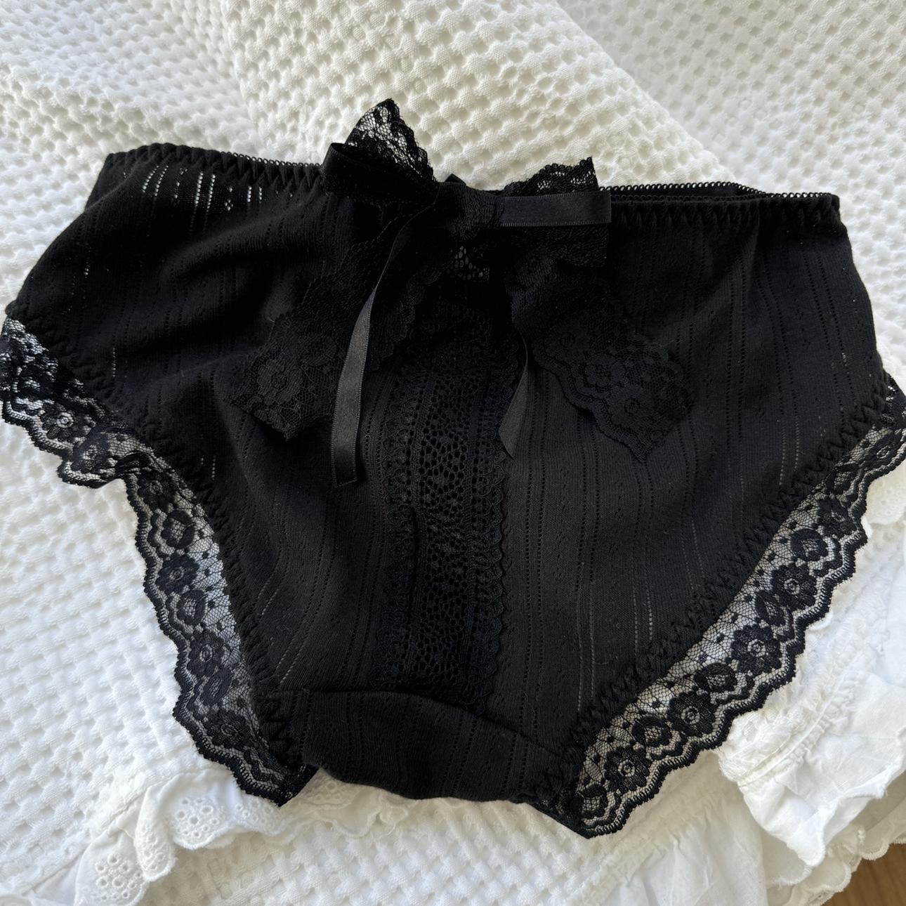 甜酷辣妹黑色少女后背大蝴蝶结蕾丝边纯欲性感内裤全黑色三角裤