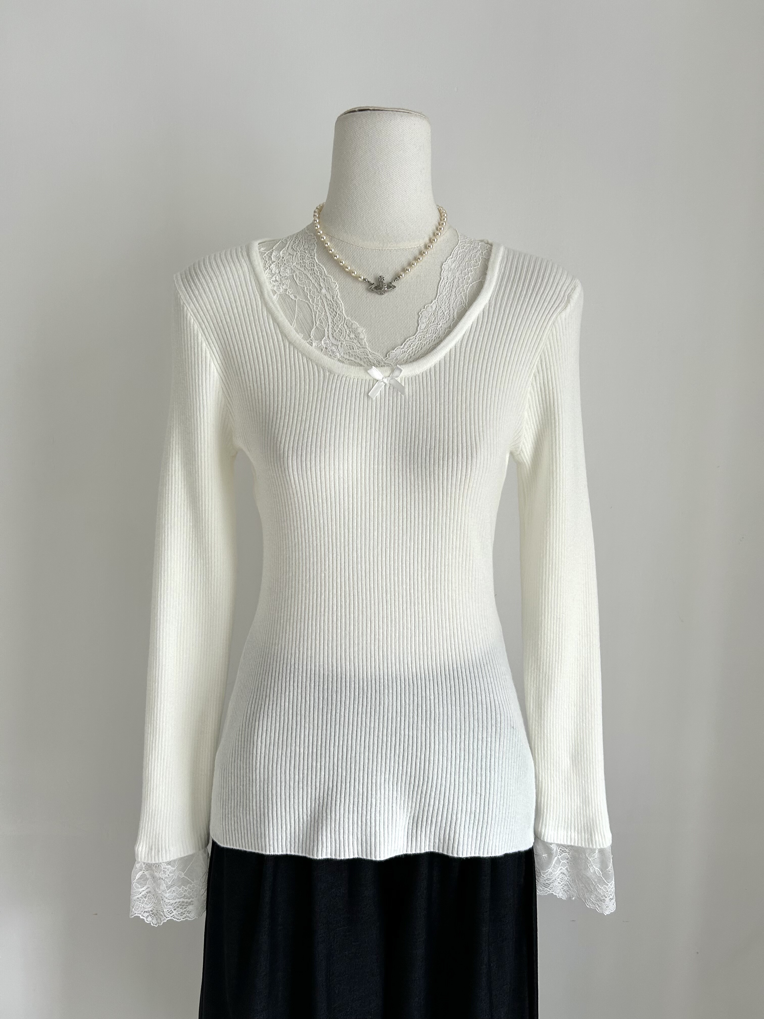 捡漏！韩系蕾丝拼接U领针织衫秋冬内搭高级感修身显瘦打底衫