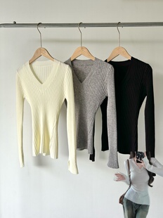 捡漏!韩单 巨显瘦V领针织衫掐腰高弹力坑条打底上衣叠穿百搭通勤