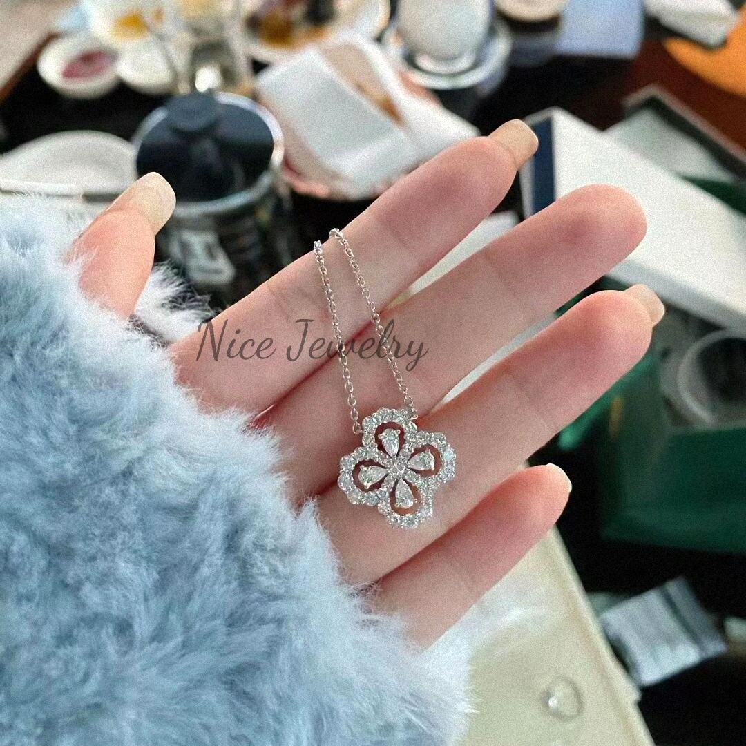 loop纯银女四叶草项链满钻水滴
