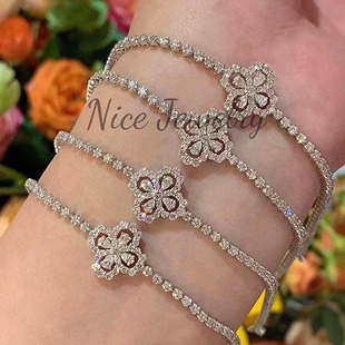 loop花形水滴钻四叶草手链纯银nv18k轻奢HW花园手环满天星手镯