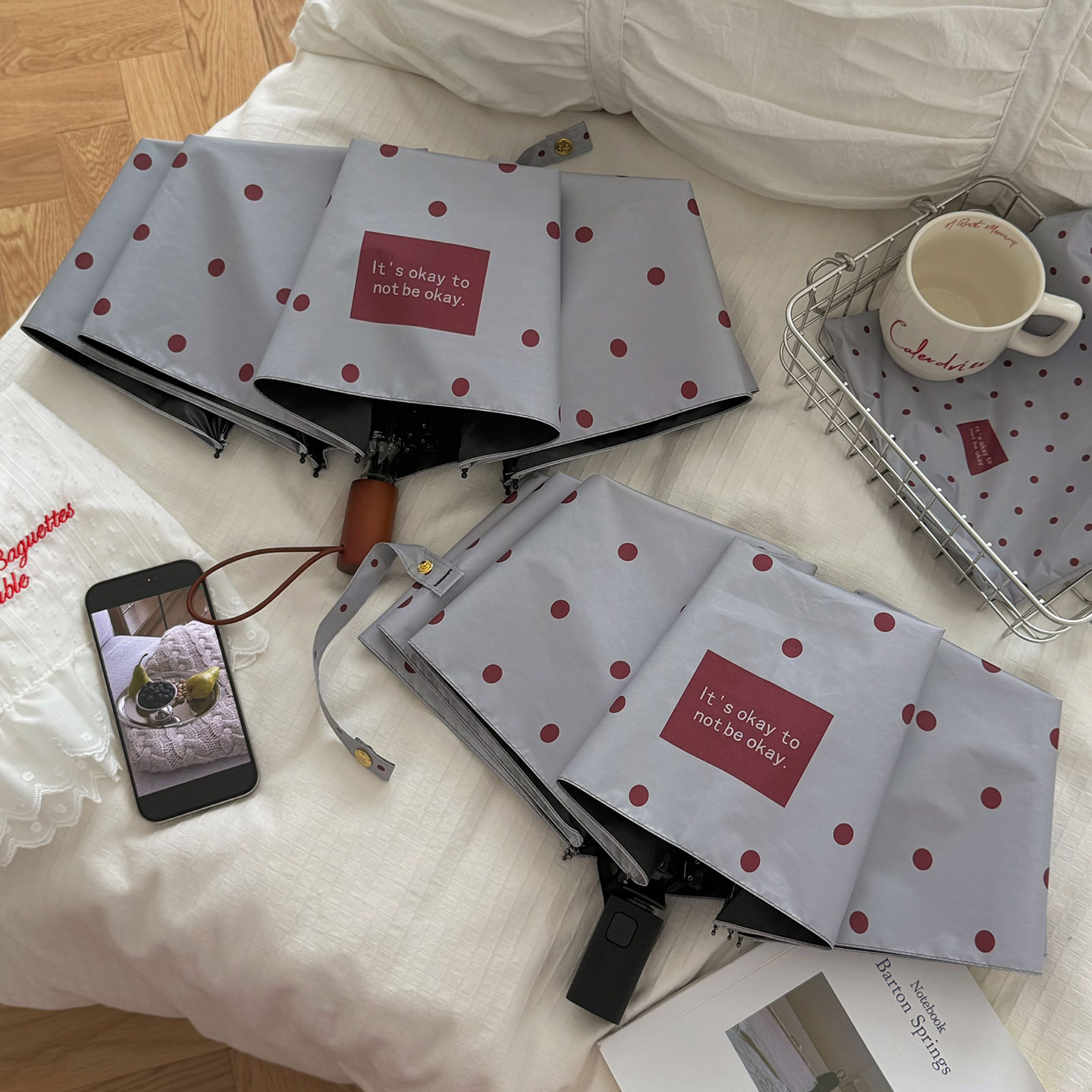 ins香奈雾霾灰复古波点折叠雨伞晴雨两用黑胶遮阳伞太阳伞自动伞