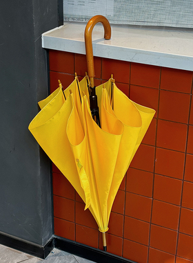 ins纯色韩风实木直杆伞双人加固防风长柄伞晴雨两用情侣弯柄长伞