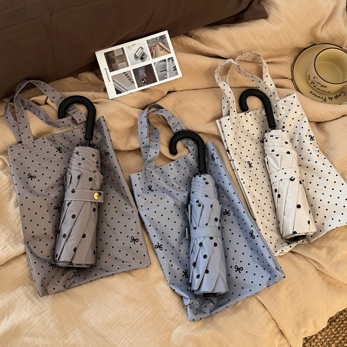 ins波点蝴蝶结折叠伞防晒防紫外线黑胶遮阳伞晴雨两用便携太阳伞