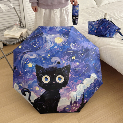 紫色梵高猫咪全自动晴雨伞两用折叠雨伞太阳伞防晒防紫外线遮阳伞