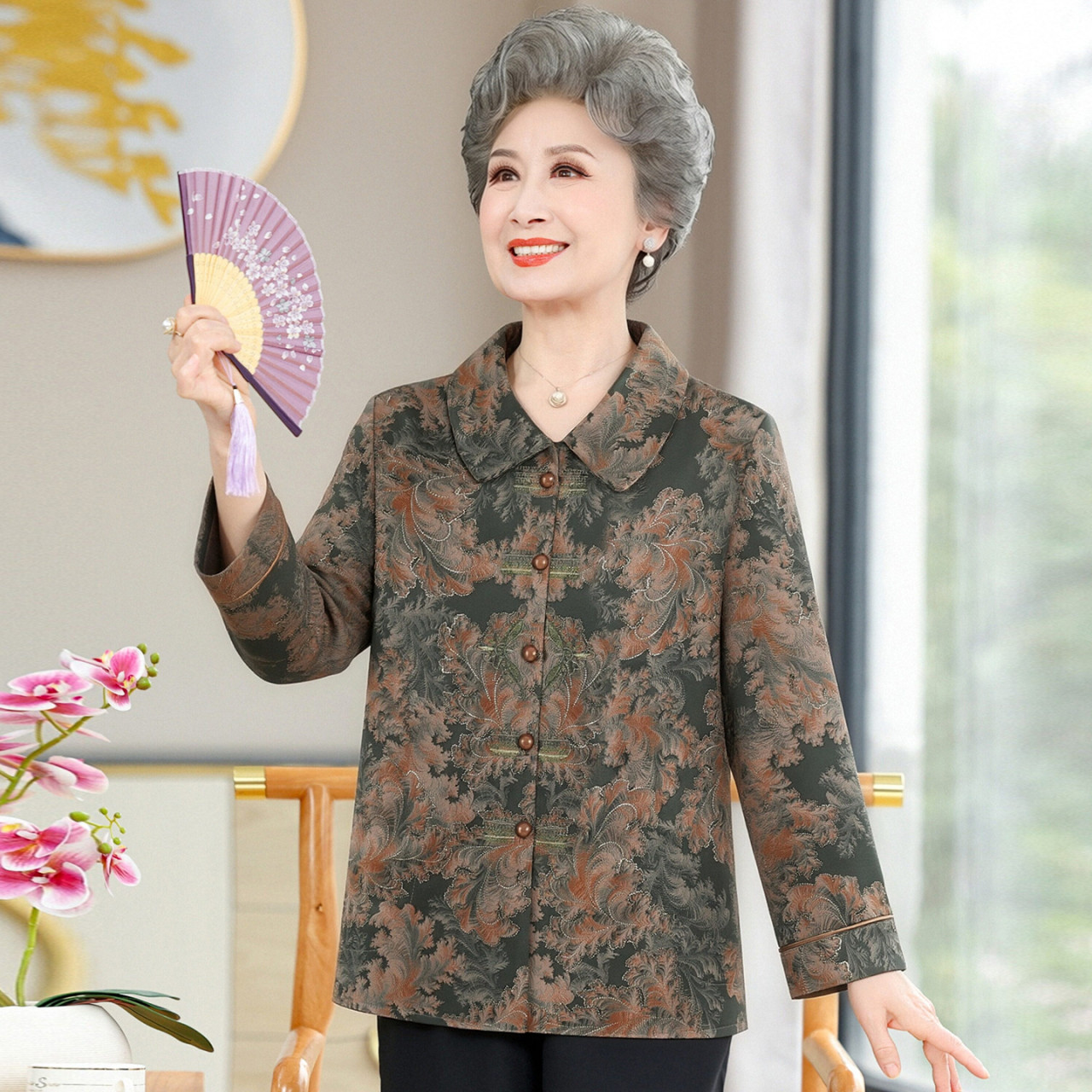 中老年女春装薄款翻领长袖衬衫图片