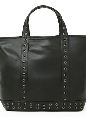 凡妮莎布鲁诺大号圆孔铆钉头层牛皮手提袋cabas天然真皮包包黑色