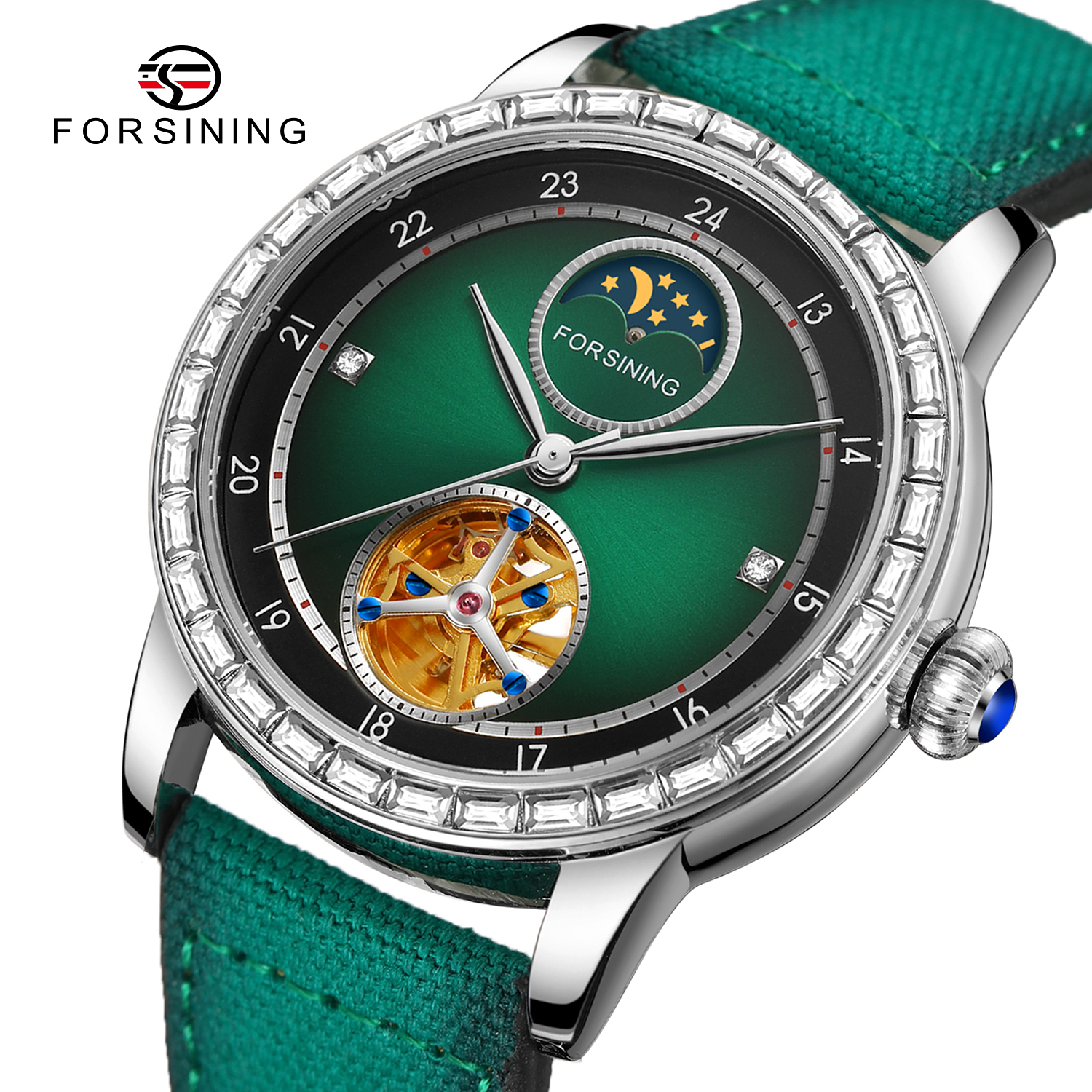 FORSINING富西尼手表 星星月亮陀飞轮两眼阿拉伯数字自动透明底