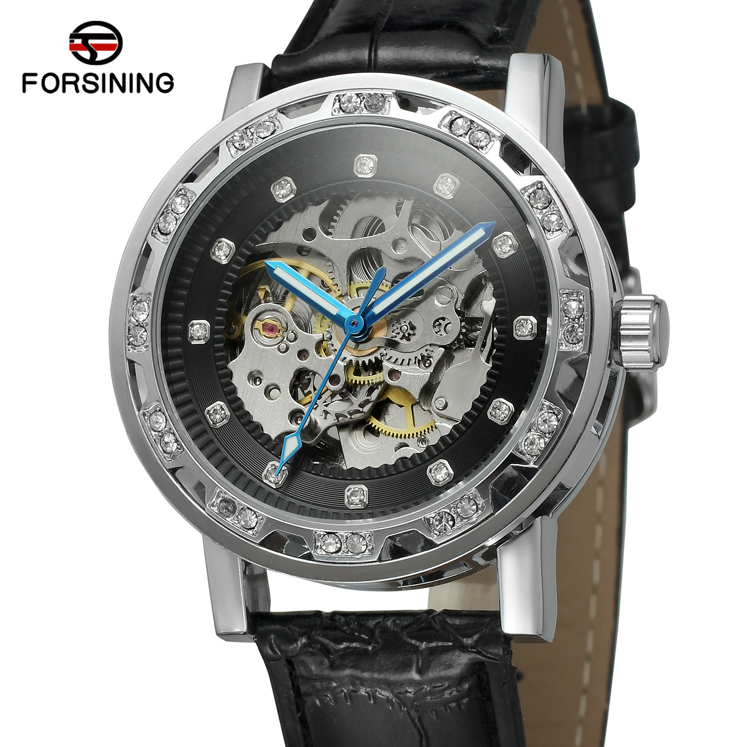 FORSINING富西尼手表 镂空水钻状刻度自动机械手表黑色白色腕表