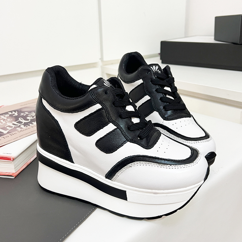 冬季魔术贴女鞋12CM厚底内增高熊猫鞋百搭头层牛皮运动松糕鞋春秋