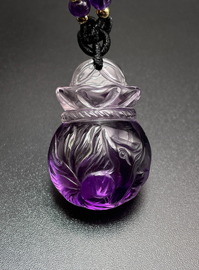 天然乌拉圭紫水晶钱袋九尾狐吊坠紫晶狐狸钱袋子定制手工雕刻礼物