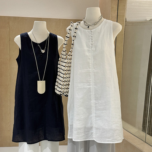 包扣苎麻棉麻背心连衣裙轻薄显瘦
