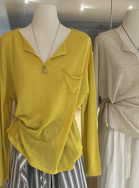 薄款针织衫上衣女高级感亚麻长袖v领 气质显瘦宽松慵懒风防晒罩衫