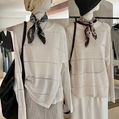 法式镂空防晒薄款针织罩衫配丝巾