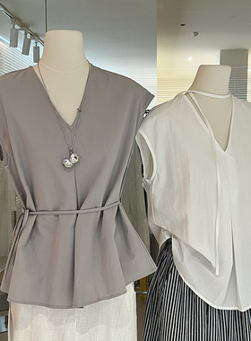 灰色v领无袖衬衫女夏系带收腰宽松坎肩显瘦 简约气质韩版别致上衣