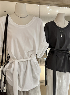 松弛感t恤女夏绑带收腰宽松慵懒风 法式简约圆领白色体恤短袖上衣