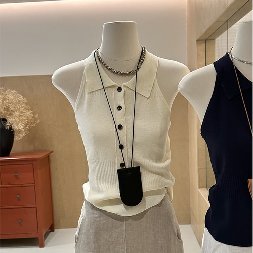 polo翻领冰丝针织背心削肩小性感