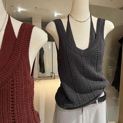 假两件针织背心女夏季设计感亚麻老钱风外穿挂脖系带镂空无袖上衣