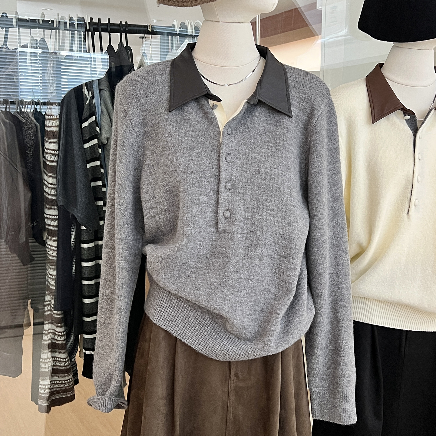 pu皮翻领拼接毛衣高级感厚款外穿