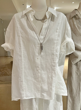 白色亚麻短袖衬衫女夏宽松休闲松弛高级感文艺法式简约老钱风上衣