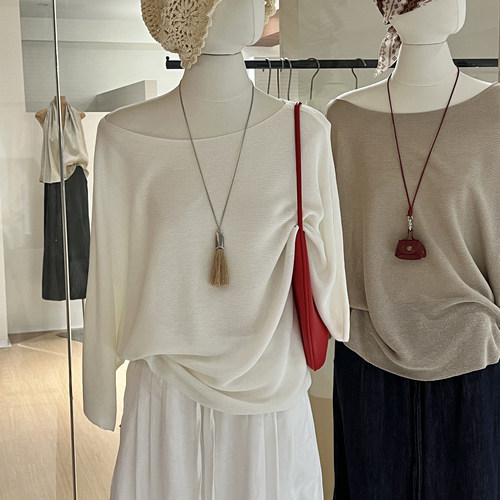 一字领斜领两穿蝙蝠袖针织衫宽松