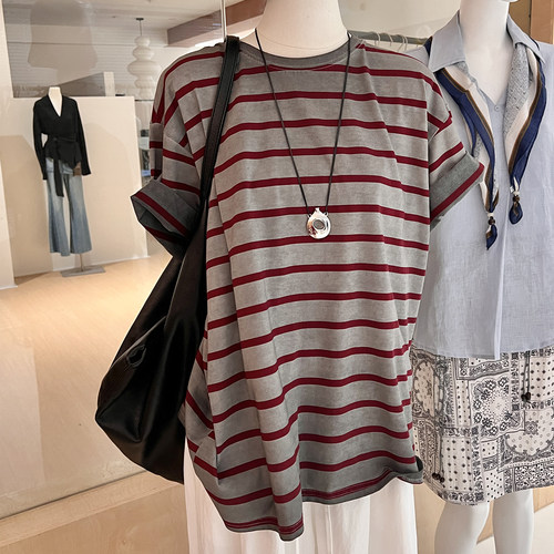 美式复古做旧洗水染色条纹t恤衫