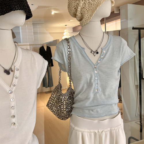 亨利V领针织T恤短袖修身轻薄微透