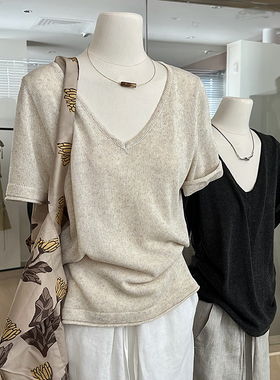 亚麻针织t恤女夏短袖v领宽松休闲松弛感老钱风简约正肩高级感上衣