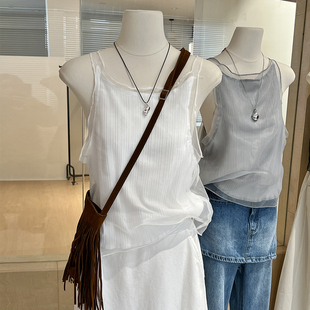 外穿无袖 网纱吊带背心女夏甜美纯欲韩系气质小衫 假两件欧根纱上衣