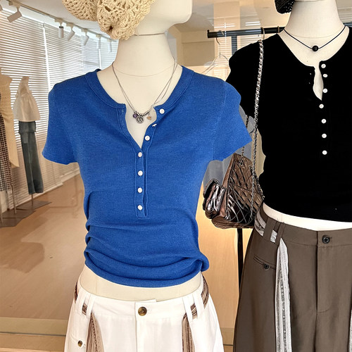 法式亨利领短袖修身显瘦针织衫