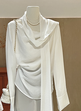 飘带衬衫女设计感小众轻熟挂脖系脖荡领法式气质高级感宽松白上衣