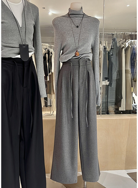 灰色西装阔腿裤女2024冬季磨毛高腰宽松直筒休闲窄版长裤毛呢裤子