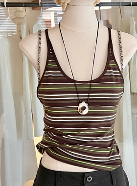 美式辣妹露背条纹背心女夏带胸垫 性感u领修身显瘦内搭细吊带上衣