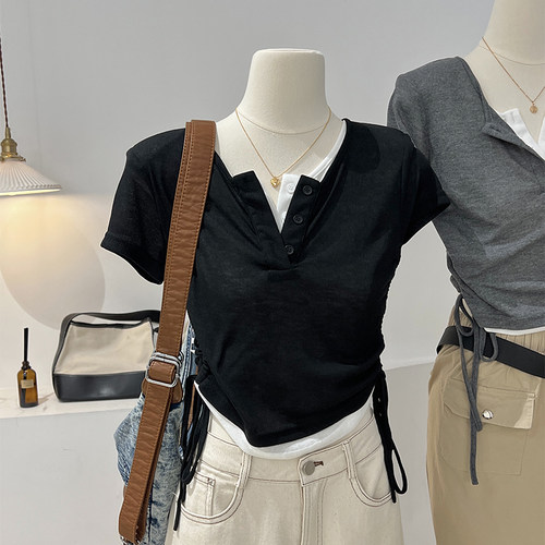 假两件垫肩小t恤抽绳收腰设计感