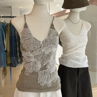 蕾丝花朵吊带针织背心女内搭v领 打底上衣 温柔风漂亮气质绝美无袖