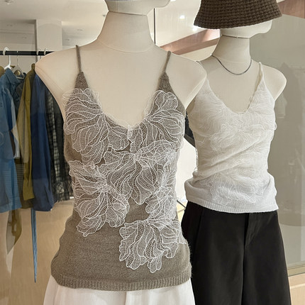 蕾丝花朵吊带针织背心女内搭v领 温柔风漂亮气质绝美无袖打底上衣