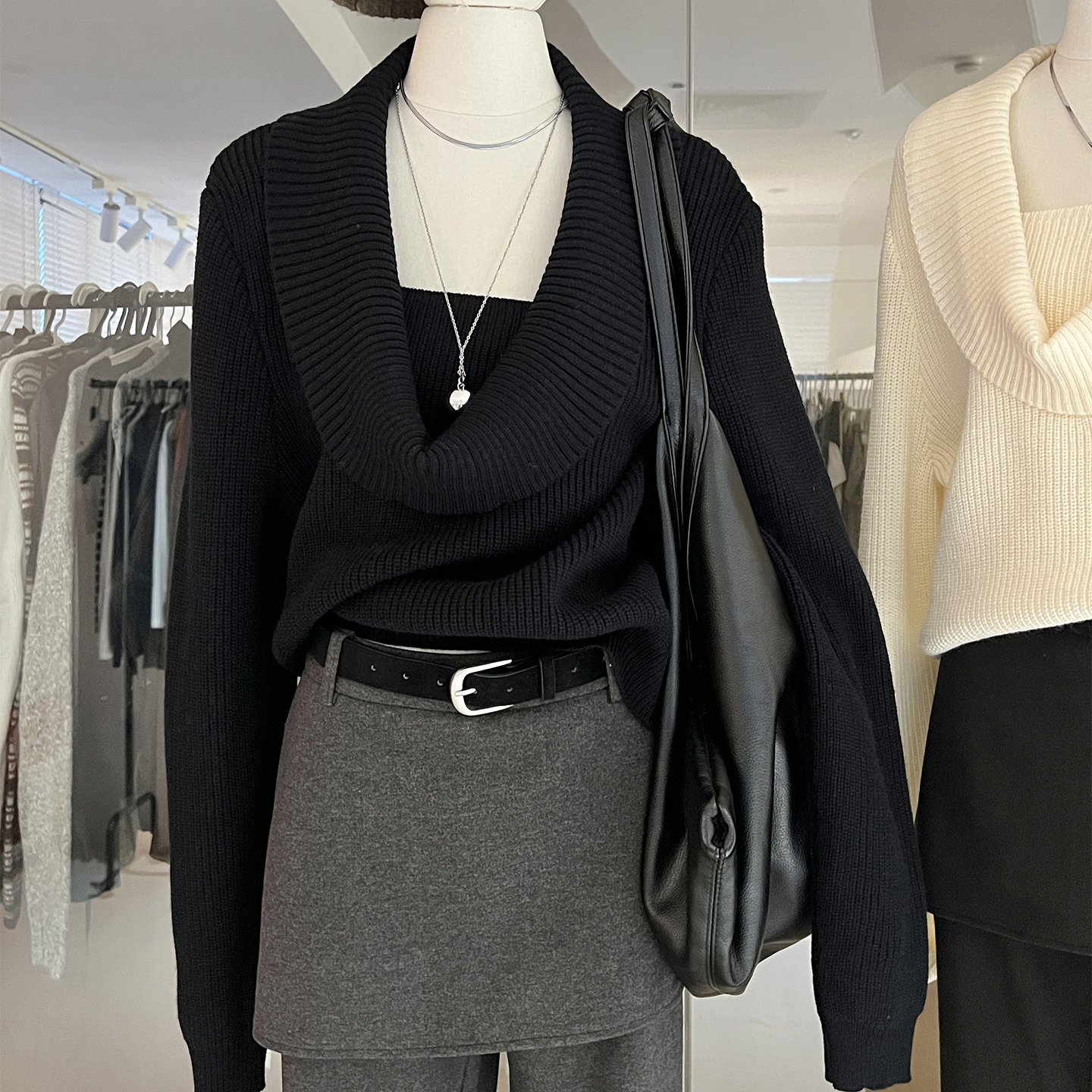 荡领假两件针织衫外穿时髦设计感