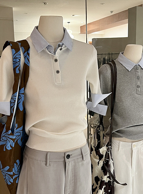 假两件条纹衬衫领针织衫女夏正肩修身显瘦气质高级感短袖polo上衣