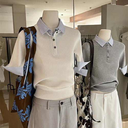 假两件拼接衬衫领针织衫短袖时尚