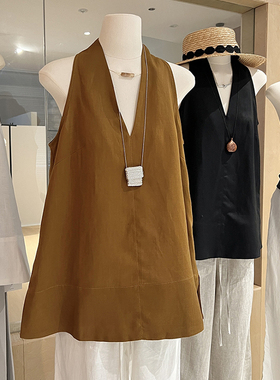 气质挂脖背心女夏v领亚麻高级感 老钱风宽松上衣削肩法式无袖衬衫